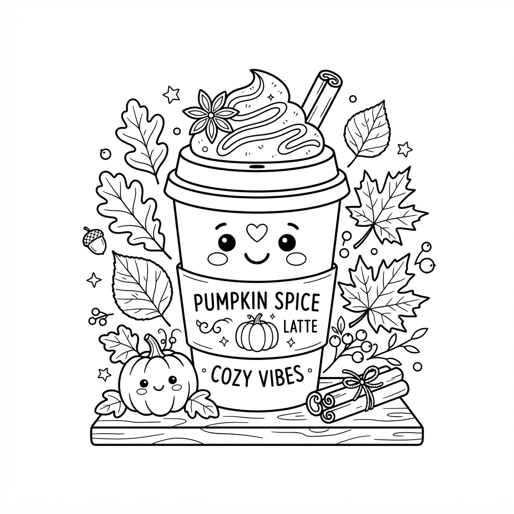 Line art coloring page of a smiling pumpkin spice latte cup with autumn leaves