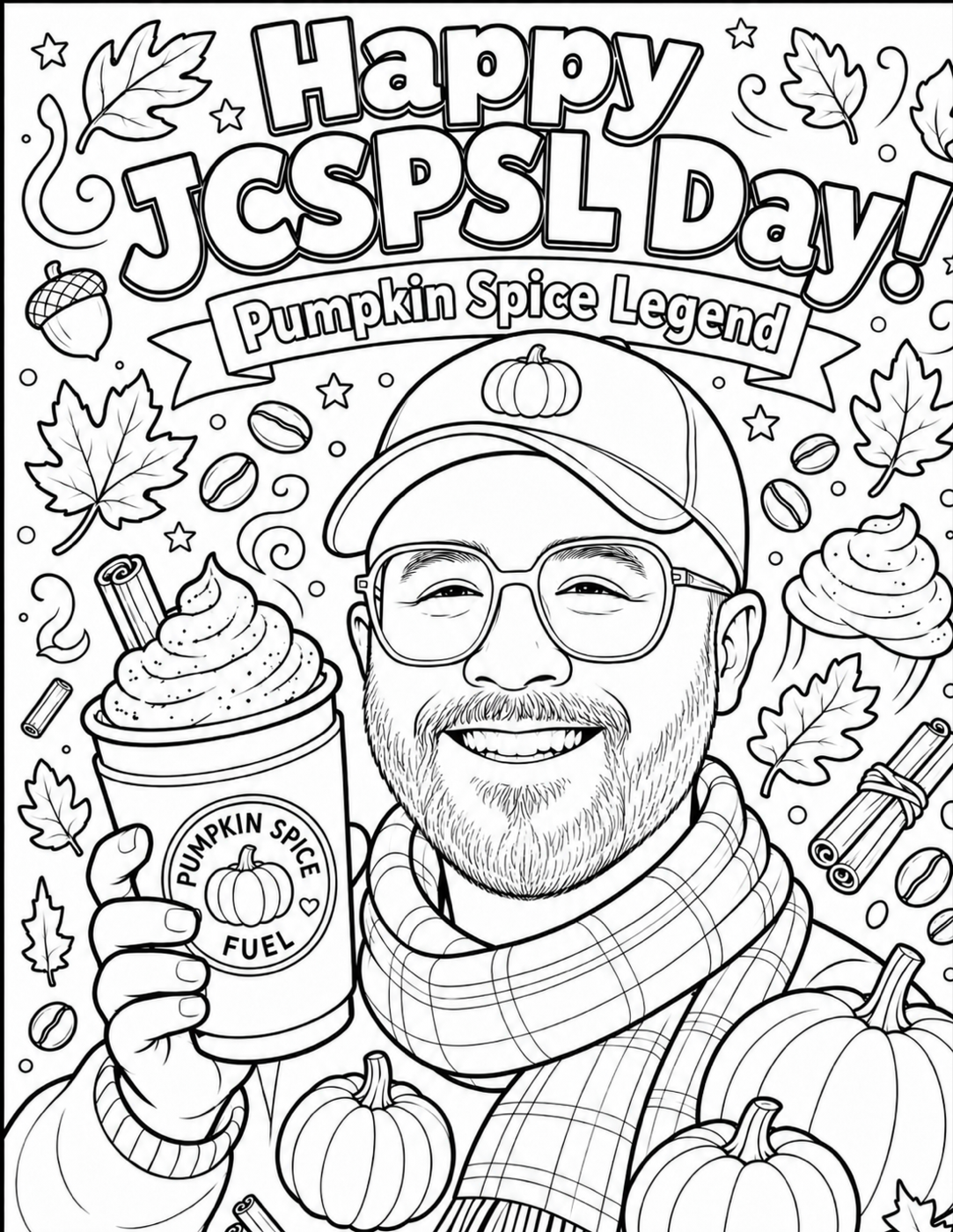 Line art coloring page reading Happy JCS PSL Day, Pumpkin Spice Legend, with a person in a ball cap and plaid scarf raising a Pumpkin Spice Fuel cup among leaves, coffee beans, and cinnamon sticks