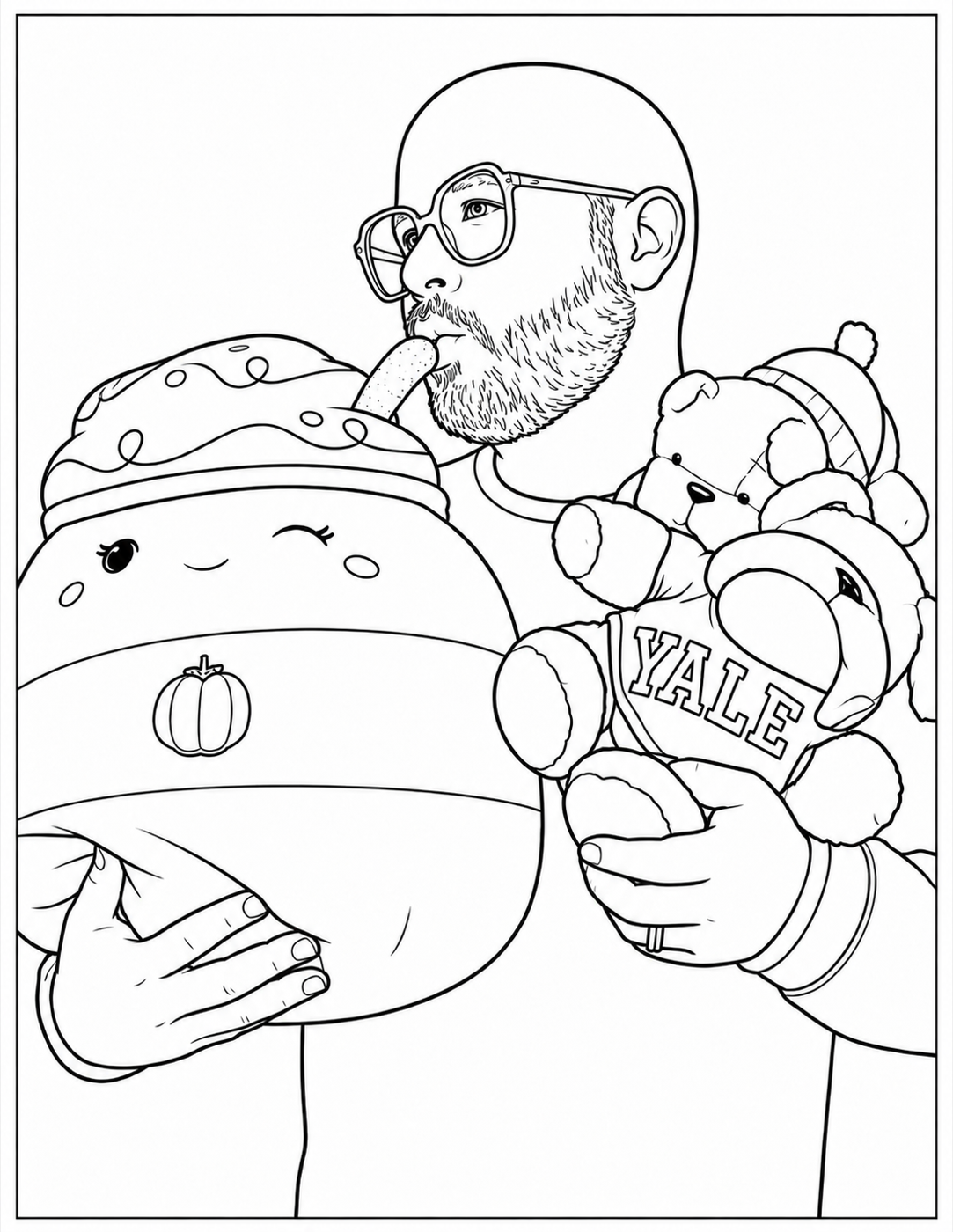 Line art coloring page of a bearded person in glasses tasting whipped cream off a giant pumpkin spice latte plushie while holding two more stuffed animals