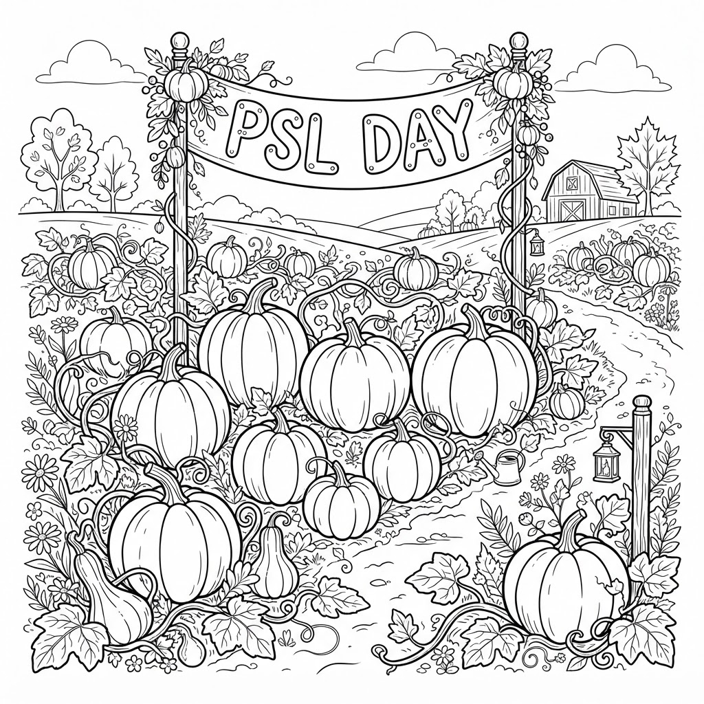 Line art coloring page of a pumpkin patch with a PSL Day banner