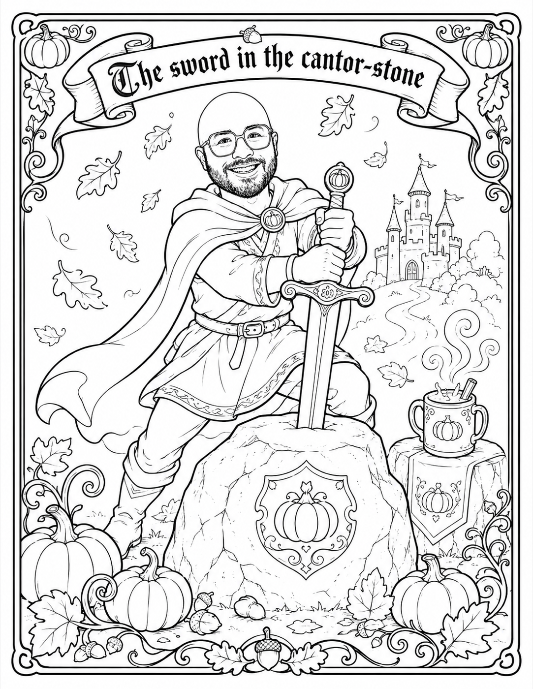 Line art coloring page of a caped knight pulling a sword from a pumpkin-crested stone, with a castle, falling leaves, and a steaming spiced mug