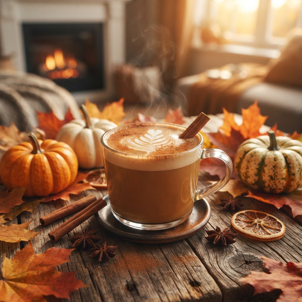 A pumpkin spice latte surrounded by pumpkins, autumn leaves, and cinnamon sticks